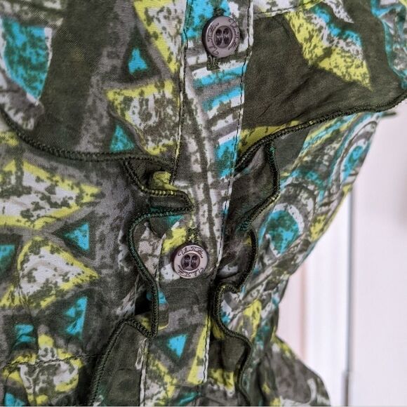 Ruffle cotton silk top abstract print green Large @K1 - Picture 13 of 13